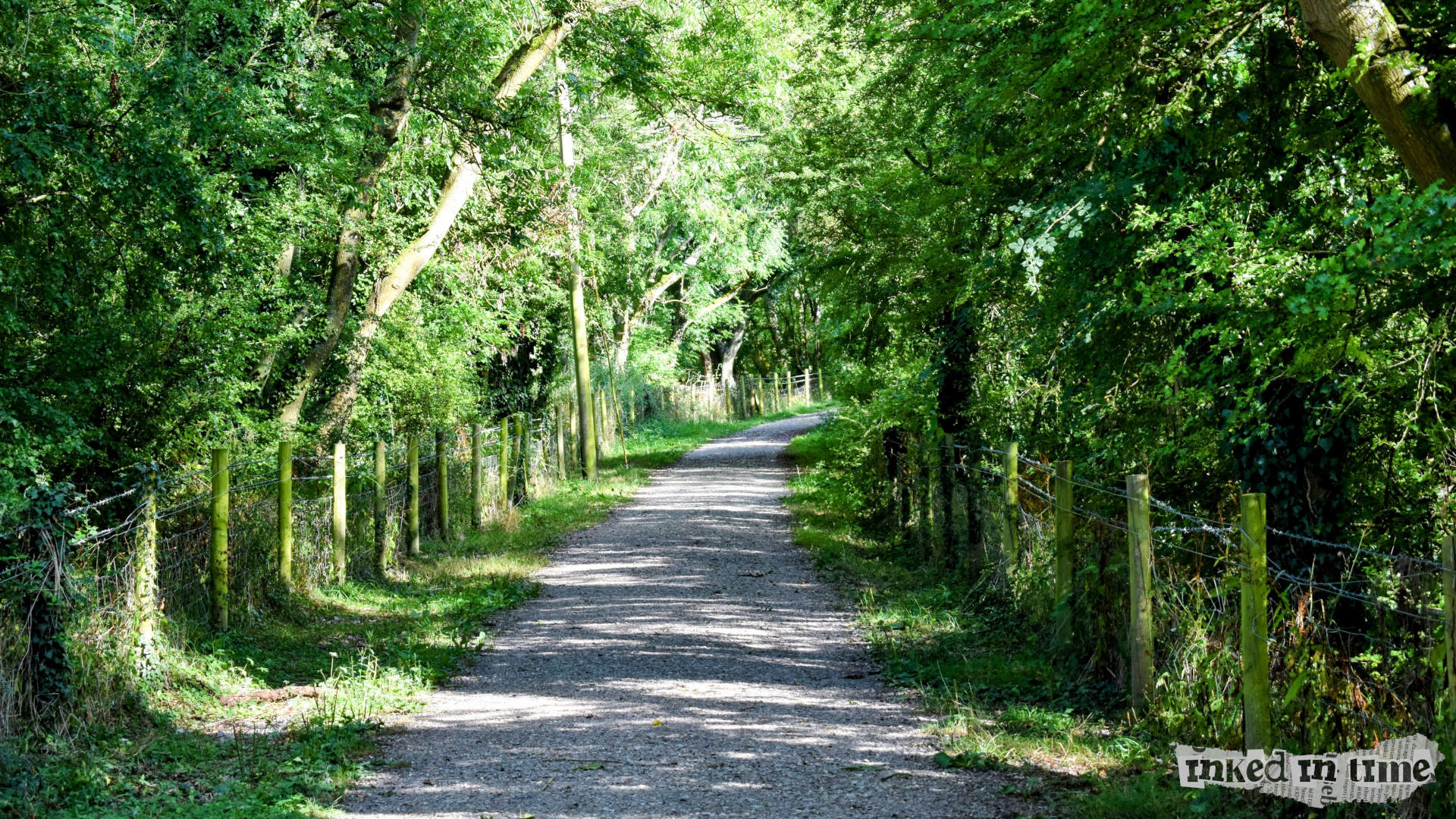 A tree-lined, gravel pathway with wooden posts and wire fencing on both sides, formerly the Somerford branch line from Malmesbury train station.